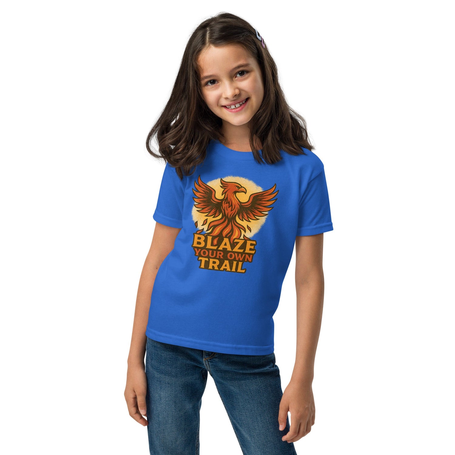 Meaningful graphic apparel from the Hero Collection featuring a girl wearing a blue t-shirt with a phoenix design.